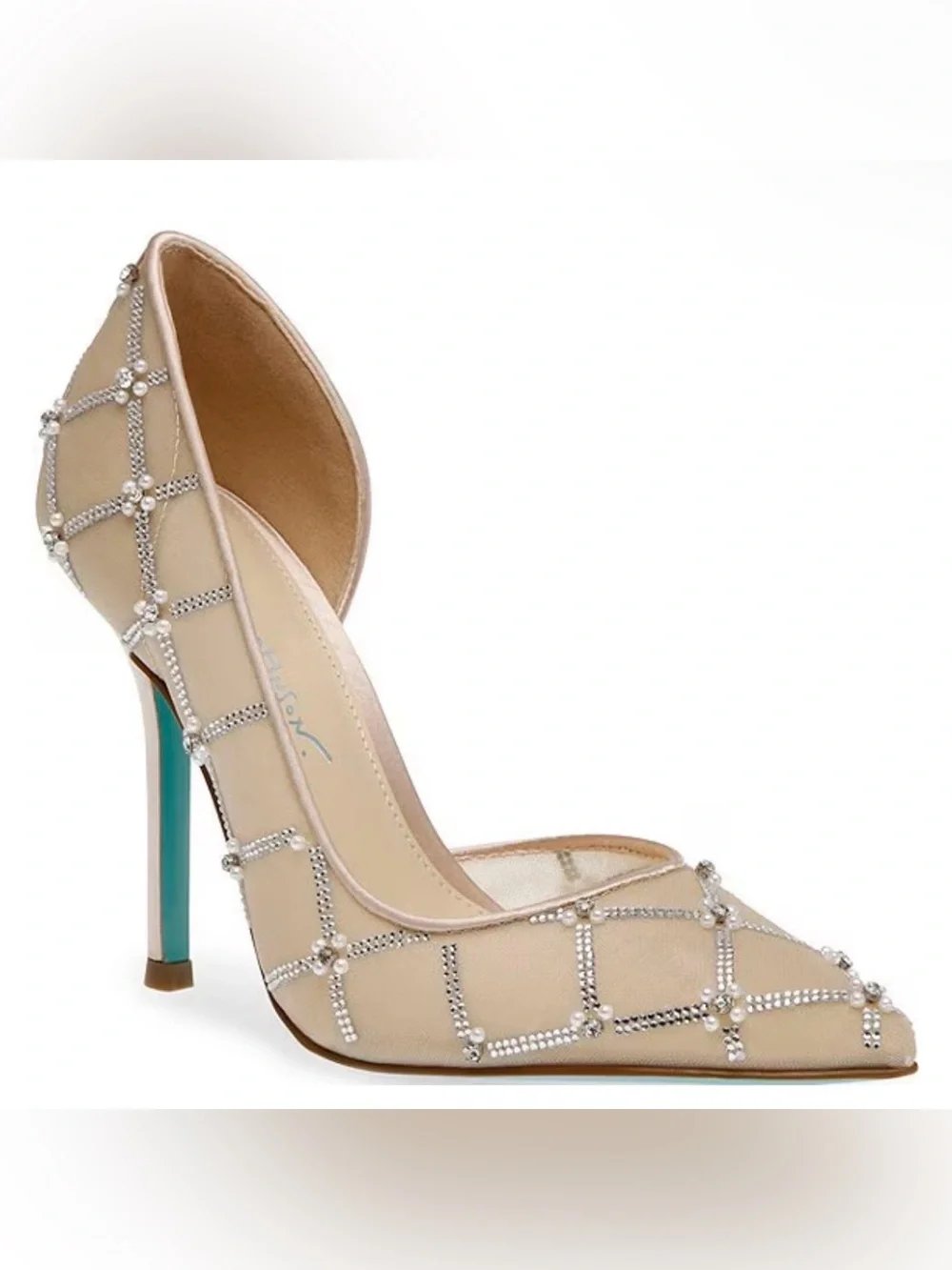 Betsey Johnson Cruze Rhinestone Pearl Mesh Pumps Nude Heels Size 6.5 W/Box